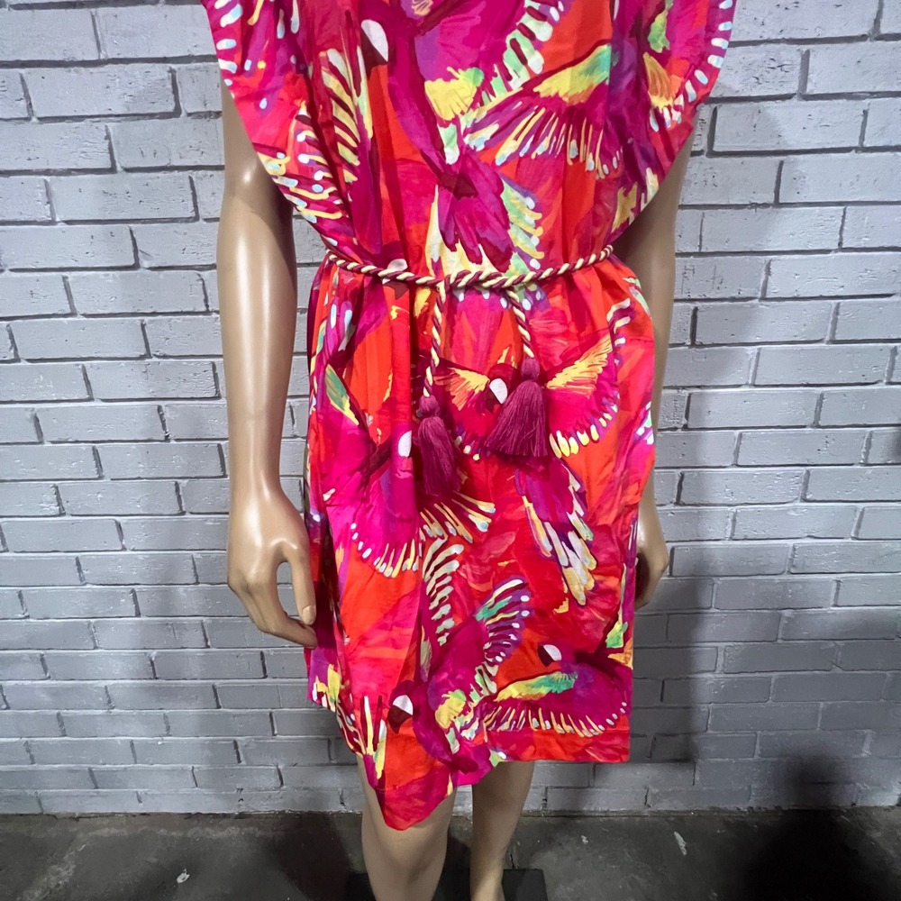 Farm Rio Flying Birds Orange Organic Cotton Jersey Mini Dress XL Padded Shoulder - Picture 6 of 9